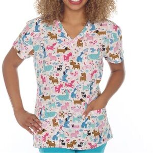 NWT Women’s XL Yappy Puppy Dog Print Scrubfinity PerformX Stretch Scrub Top